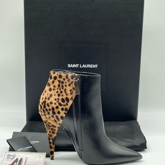 YSL Black Lamb/Pony Stiletto zip bootie ankle leopard detail 37 and 38.5 - Picture 3 of 7